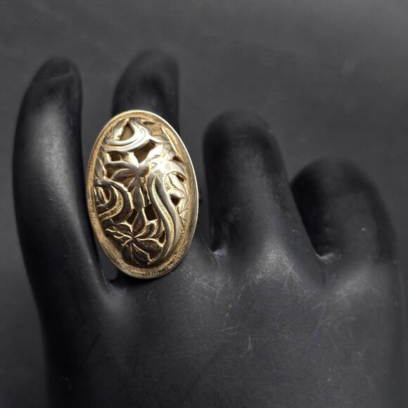 Beau Sterling Floral Oval Ring Gold Wash Size 5 Vintage - Picture 7 of 8